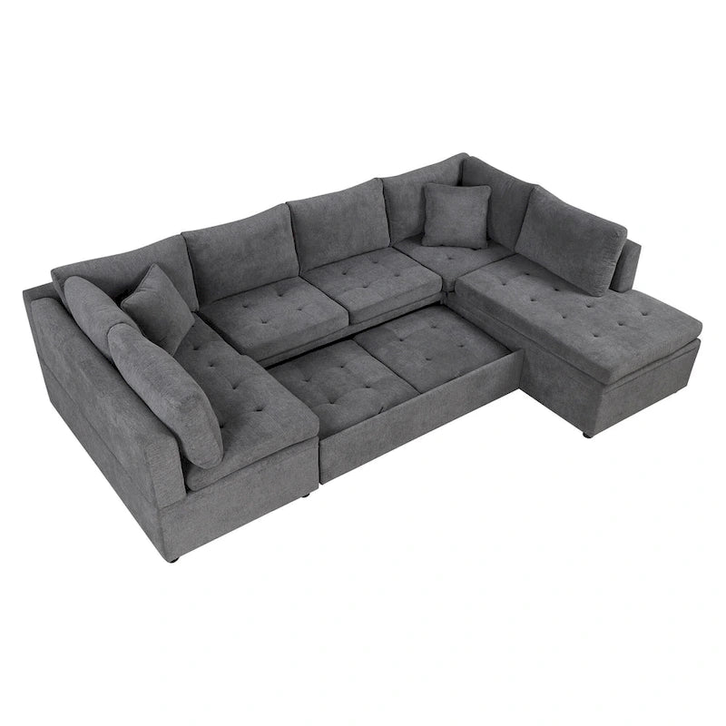 L-Shaped Reversible Sleeper Sectional Couch Pull Out Sofa Bed with Storage Racks, 2 Pillows and USB Port for Living Room