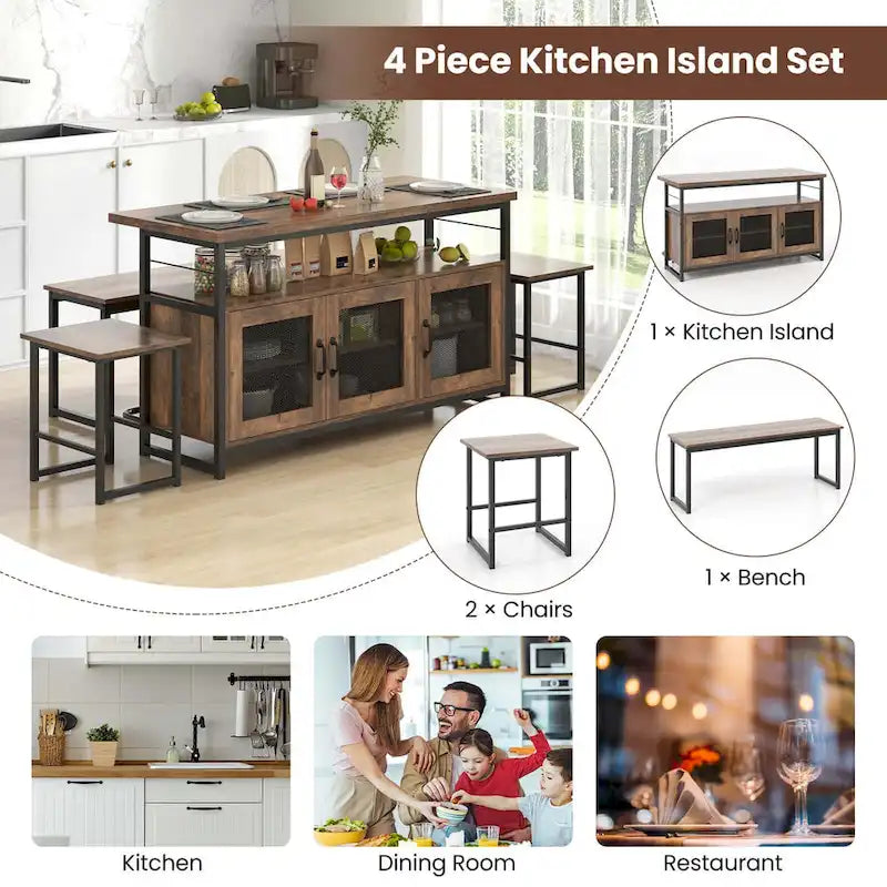 Costway 4 PCS Kitchen Island Set with Bench and Storage Heavy-duty - See Details