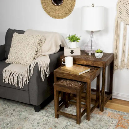 Set of 3 Walnut Brown Stackable Mandala Nesting Tables 24