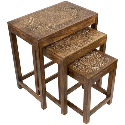 Set of 3 Walnut Brown Stackable Mandala Nesting Tables 24