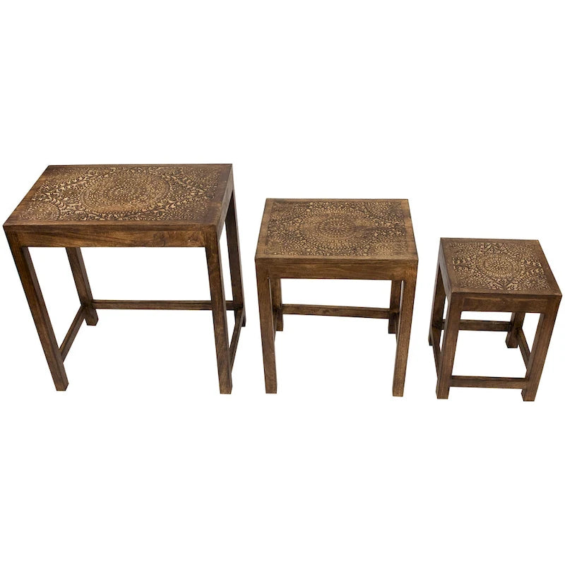 Set of 3 Walnut Brown Stackable Mandala Nesting Tables 24