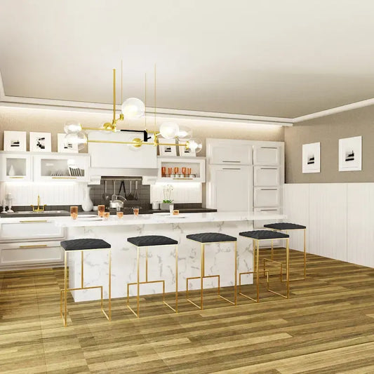 Quincy Modern Leather Barstool with Upholstered Square Seats in Gold Metal & Footrest for Home Bar & Kitchen Counter