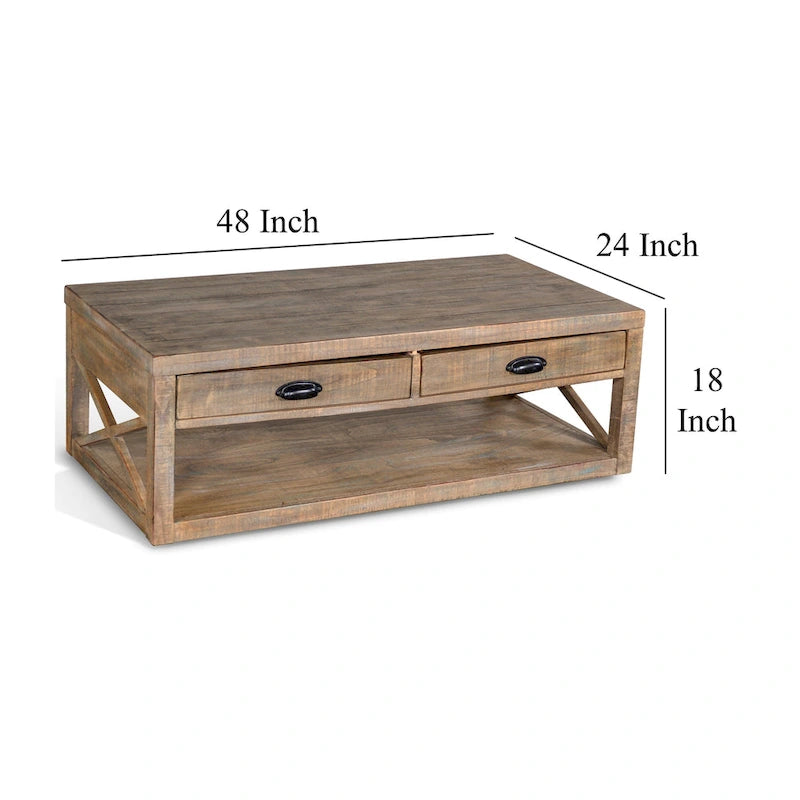 Rany Cocktail Table, 2 Drawers, Shelf, 48 Inch Rectangular Light Brown