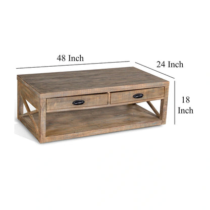 Rany Cocktail Table, 2 Drawers, Shelf, 48 Inch Rectangular Light Brown