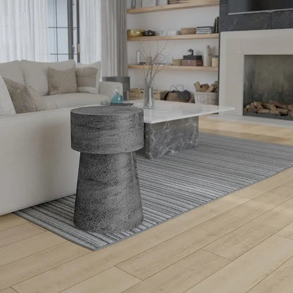 Vintage Accent Side Table, 15.5 Inch Round, Antique Silver Cast Aluminum Drum Base