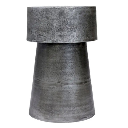 Vintage Accent Side Table, 15.5 Inch Round, Antique Silver Cast Aluminum Drum Base