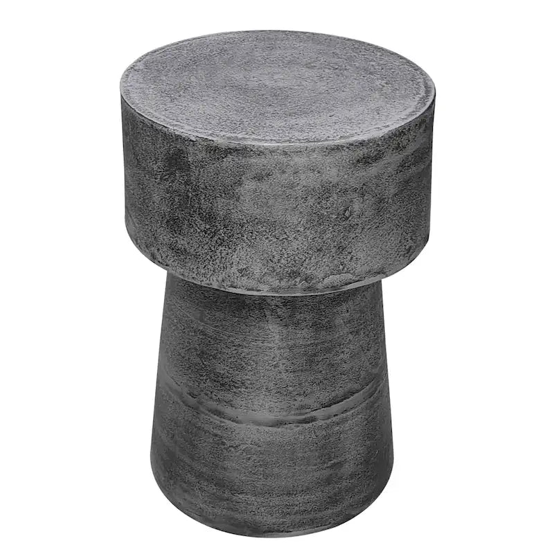 Vintage Accent Side Table, 15.5 Inch Round, Antique Silver Cast Aluminum Drum Base