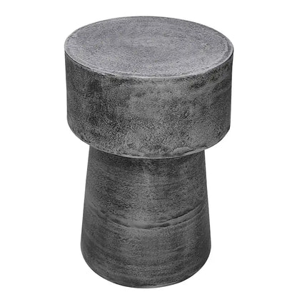 Vintage Accent Side Table, 15.5 Inch Round, Antique Silver Cast Aluminum Drum Base