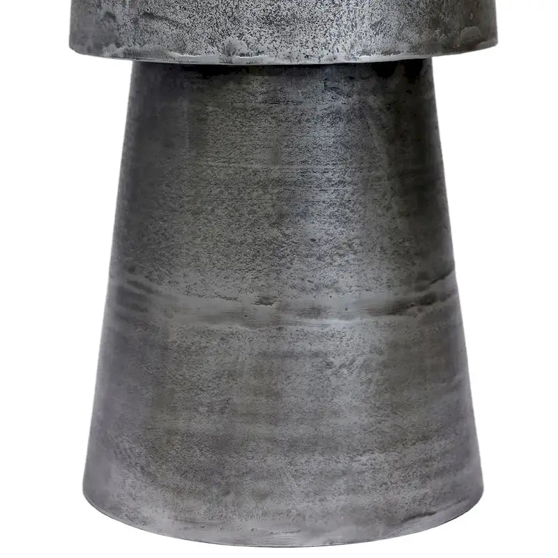 Vintage Accent Side Table, 15.5 Inch Round, Antique Silver Cast Aluminum Drum Base