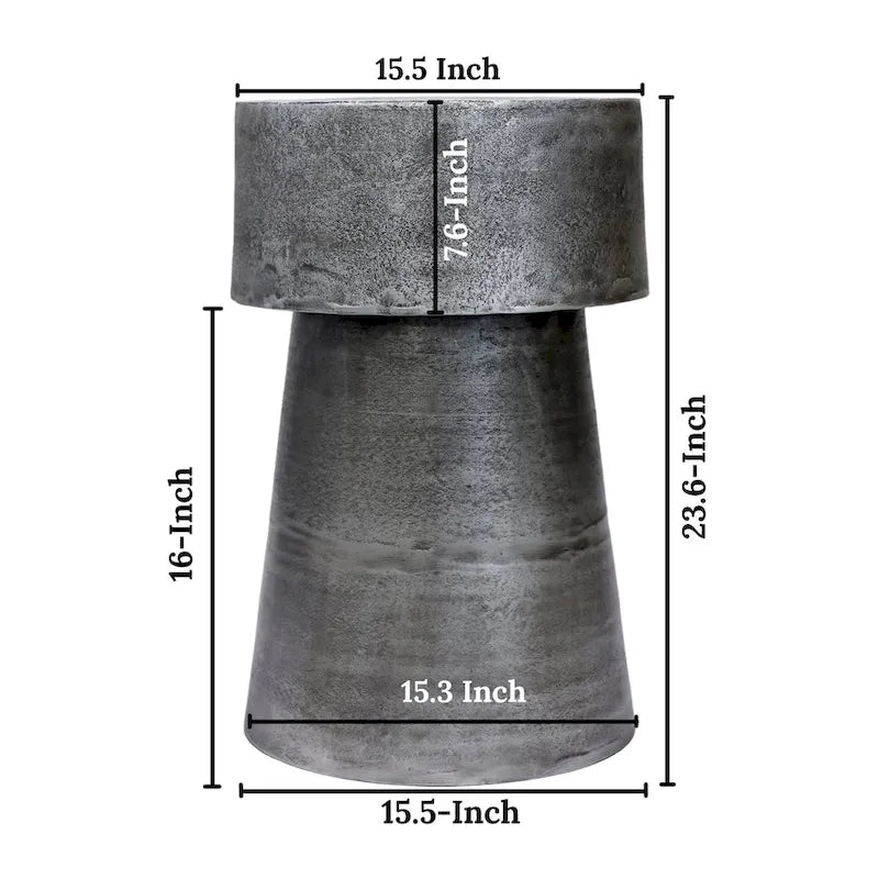 Vintage Accent Side Table, 15.5 Inch Round, Antique Silver Cast Aluminum Drum Base