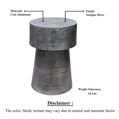 Vintage Accent Side Table, 15.5 Inch Round, Antique Silver Cast Aluminum Drum Base