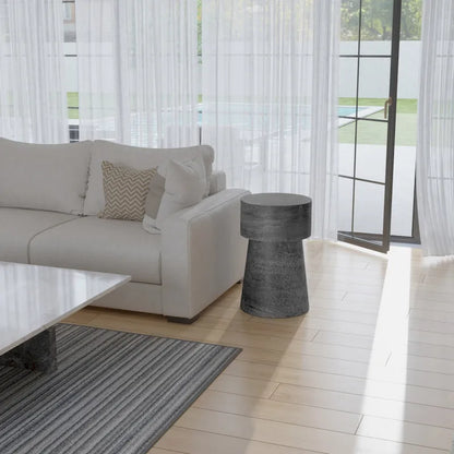 Vintage Accent Side Table, 15.5 Inch Round, Antique Silver Cast Aluminum Drum Base