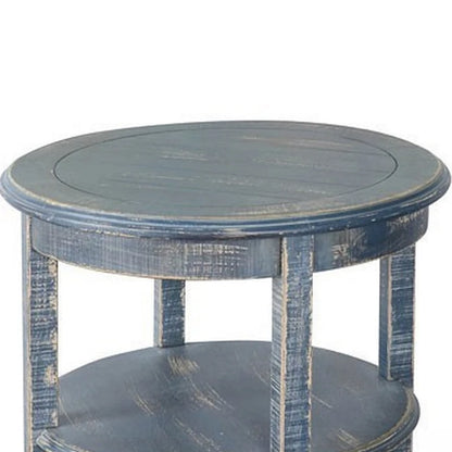 Rena Side End Table with 2 Shelves, 24 Inch Ocean Blue Mahogany Wood