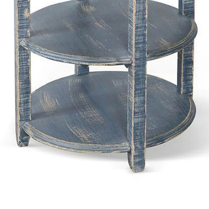 Rena Side End Table with 2 Shelves, 24 Inch Ocean Blue Mahogany Wood