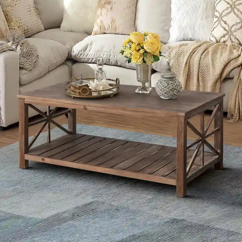 Modern Coffee Table Rectangular Living Room Center Table with Storage Shelves, for Small Space Living Room Antique Brown