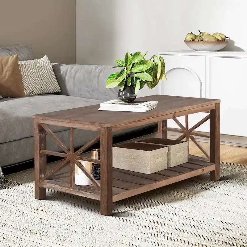 Modern Coffee Table Rectangular Living Room Center Table with Storage Shelves, for Small Space Living Room Antique Brown