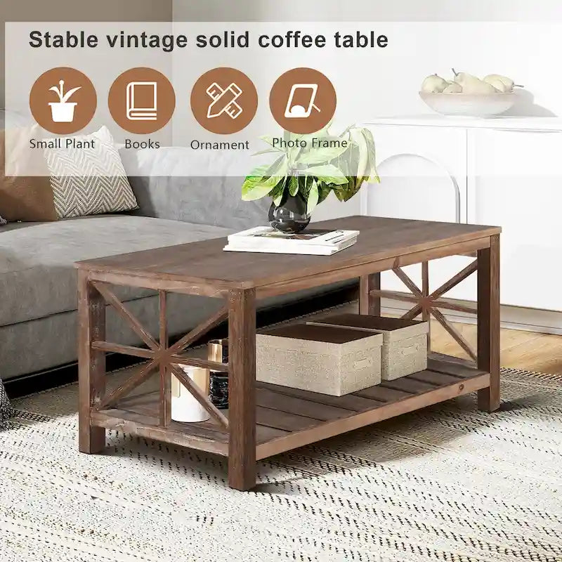 Modern Coffee Table Rectangular Living Room Center Table with Storage Shelves, for Small Space Living Room Antique Brown