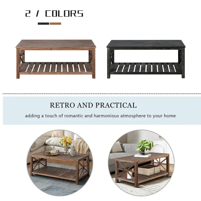 Modern Coffee Table Rectangular Living Room Center Table with Storage Shelves, for Small Space Living Room Antique Brown