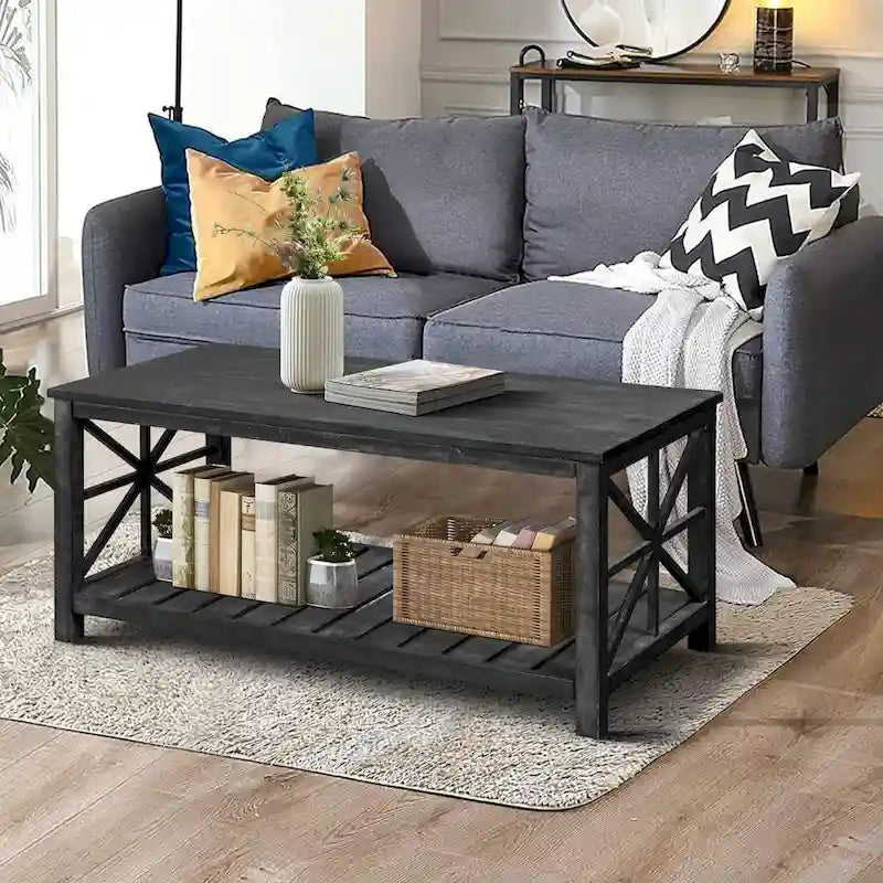 Modern Coffee Table Rectangular Living Room Center Table with Storage Shelves, for Small Space Living Room Antique Brown