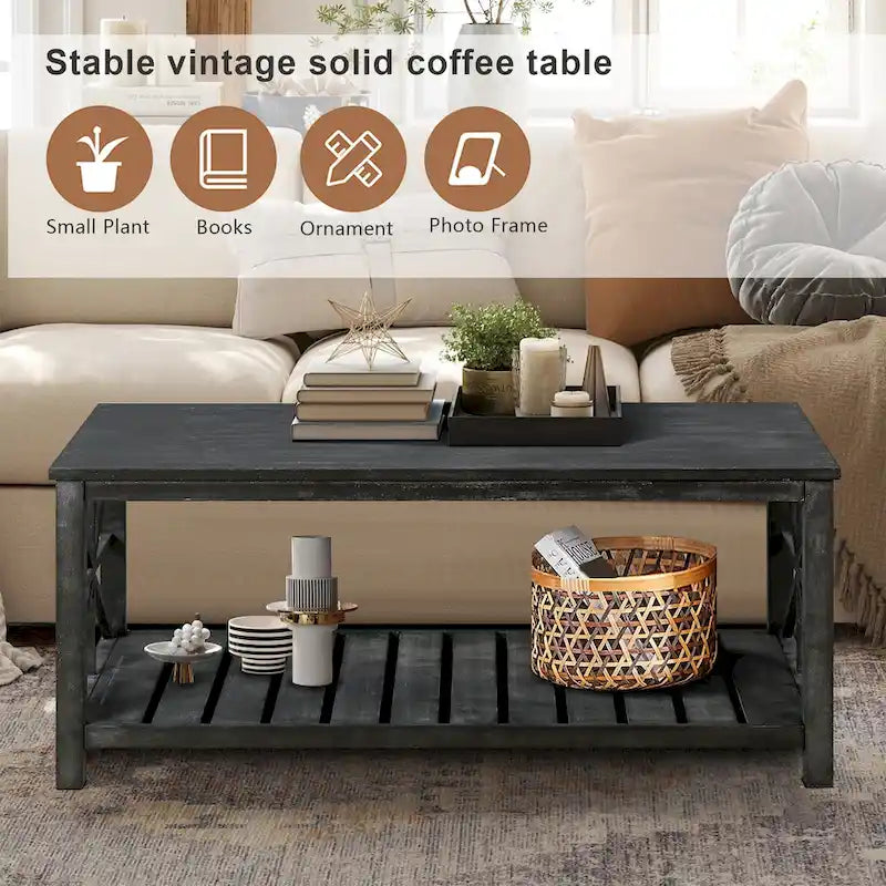 Modern Coffee Table Rectangular Living Room Center Table with Storage Shelves, for Small Space Living Room Antique Brown