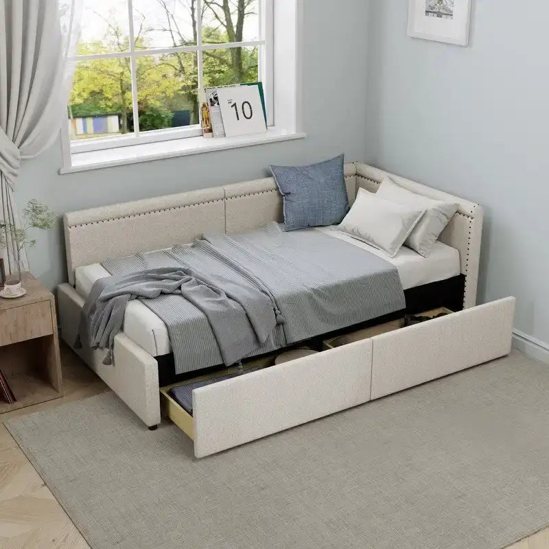 Twin Size L Shape Linen Upholstered Daybed with Two Storage Drawers