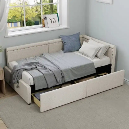 Twin Size L Shape Linen Upholstered Daybed with Two Storage Drawers