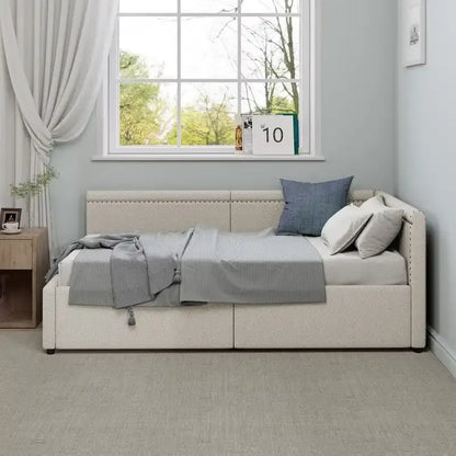Twin Size L Shape Linen Upholstered Daybed with Two Storage Drawers