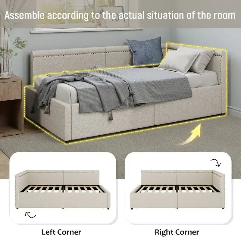 Twin Size L Shape Linen Upholstered Daybed with Two Storage Drawers