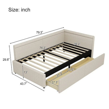 Twin Size L Shape Linen Upholstered Daybed with Two Storage Drawers