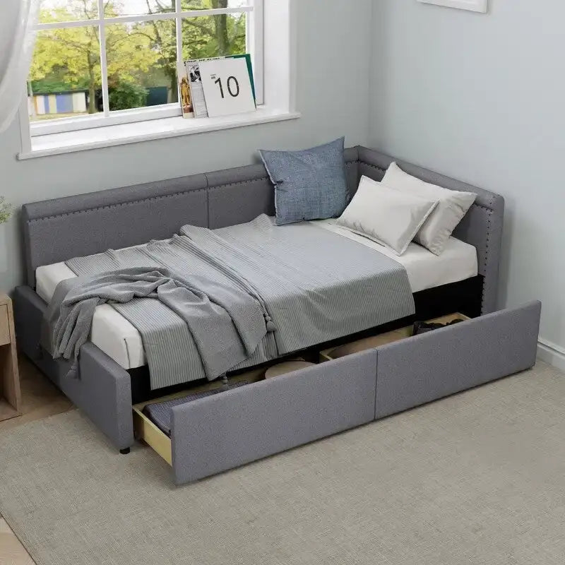 Twin Size L Shape Linen Upholstered Daybed with Two Storage Drawers