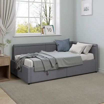 Twin Size L Shape Linen Upholstered Daybed with Two Storage Drawers