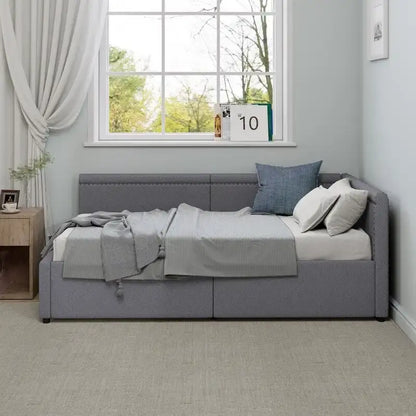 Twin Size L Shape Linen Upholstered Daybed with Two Storage Drawers