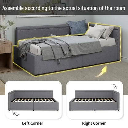 Twin Size L Shape Linen Upholstered Daybed with Two Storage Drawers