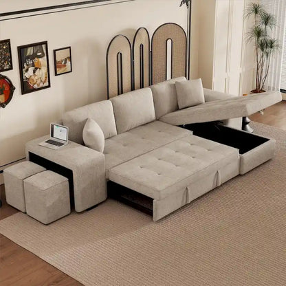 Roomfitters 3-Seater Modern L-Shape Reversible Sectional Couch, Pull-Out Sleeper Sofa with Storage Chaise and Two Stools