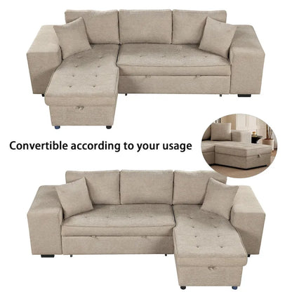 Roomfitters 3-Seater Modern L-Shape Reversible Sectional Couch, Pull-Out Sleeper Sofa with Storage Chaise and Two Stools