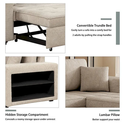 Roomfitters 3-Seater Modern L-Shape Reversible Sectional Couch, Pull-Out Sleeper Sofa with Storage Chaise and Two Stools