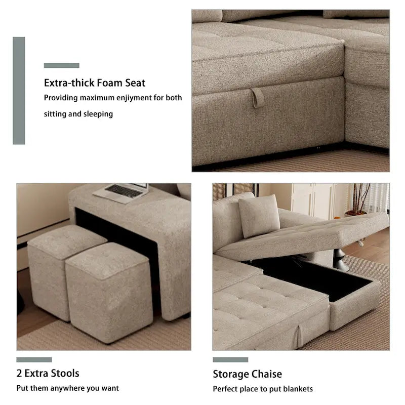 Roomfitters 3-Seater Modern L-Shape Reversible Sectional Couch, Pull-Out Sleeper Sofa with Storage Chaise and Two Stools