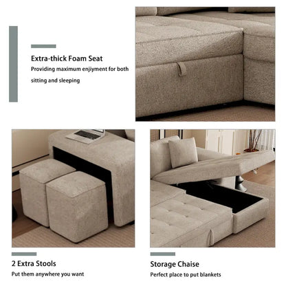 Roomfitters 3-Seater Modern L-Shape Reversible Sectional Couch, Pull-Out Sleeper Sofa with Storage Chaise and Two Stools