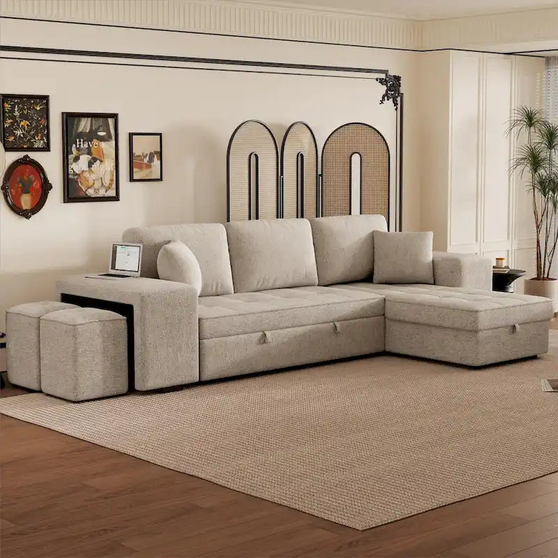Roomfitters 3-Seater Modern L-Shape Reversible Sectional Couch, Pull-Out Sleeper Sofa with Storage Chaise and Two Stools