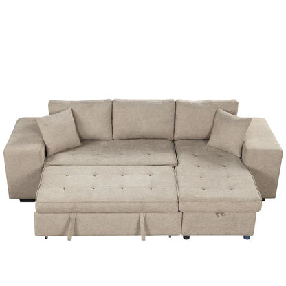 Roomfitters 3-Seater Modern L-Shape Reversible Sectional Couch, Pull-Out Sleeper Sofa with Storage Chaise and Two Stools