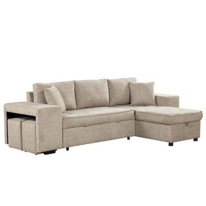 Roomfitters 3-Seater Modern L-Shape Reversible Sectional Couch, Pull-Out Sleeper Sofa with Storage Chaise and Two Stools