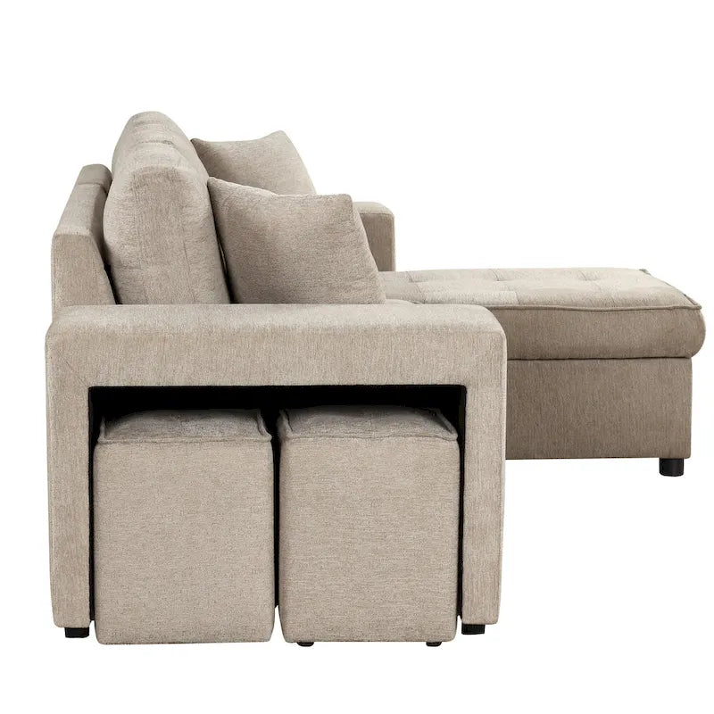 Roomfitters 3-Seater Modern L-Shape Reversible Sectional Couch, Pull-Out Sleeper Sofa with Storage Chaise and Two Stools
