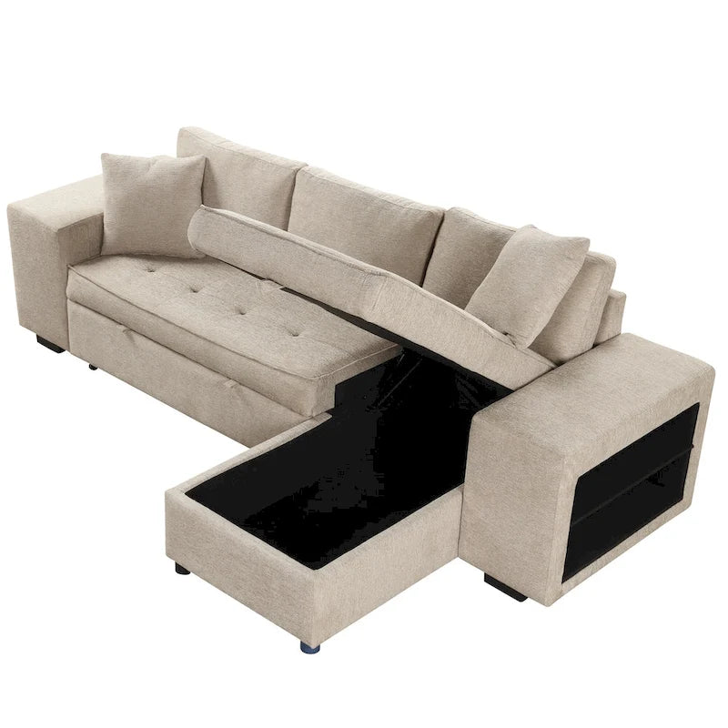 Roomfitters 3-Seater Modern L-Shape Reversible Sectional Couch, Pull-Out Sleeper Sofa with Storage Chaise and Two Stools
