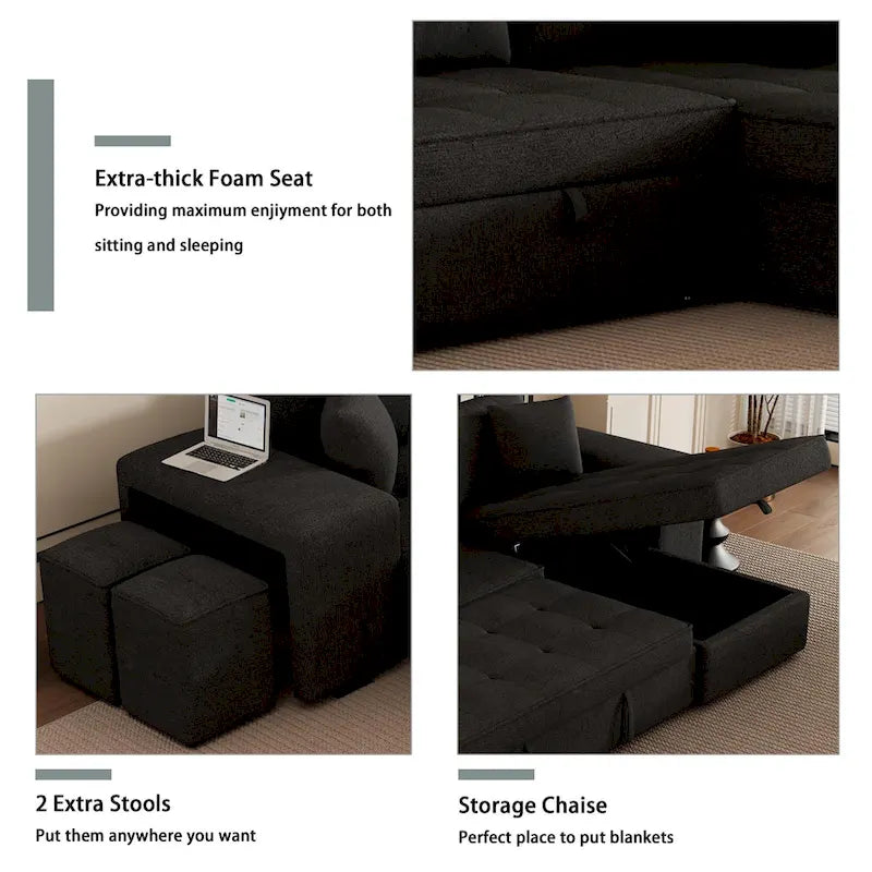 Roomfitters 3-Seater Modern L-Shape Reversible Sectional Couch, Pull-Out Sleeper Sofa with Storage Chaise and Two Stools