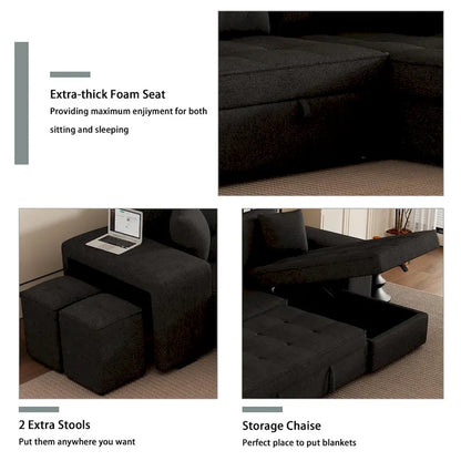 Roomfitters 3-Seater Modern L-Shape Reversible Sectional Couch, Pull-Out Sleeper Sofa with Storage Chaise and Two Stools