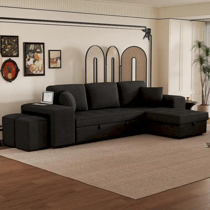Roomfitters 3-Seater Modern L-Shape Reversible Sectional Couch, Pull-Out Sleeper Sofa with Storage Chaise and Two Stools