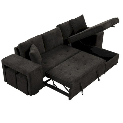 Roomfitters 3-Seater Modern L-Shape Reversible Sectional Couch, Pull-Out Sleeper Sofa with Storage Chaise and Two Stools