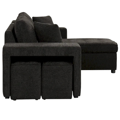 Roomfitters 3-Seater Modern L-Shape Reversible Sectional Couch, Pull-Out Sleeper Sofa with Storage Chaise and Two Stools