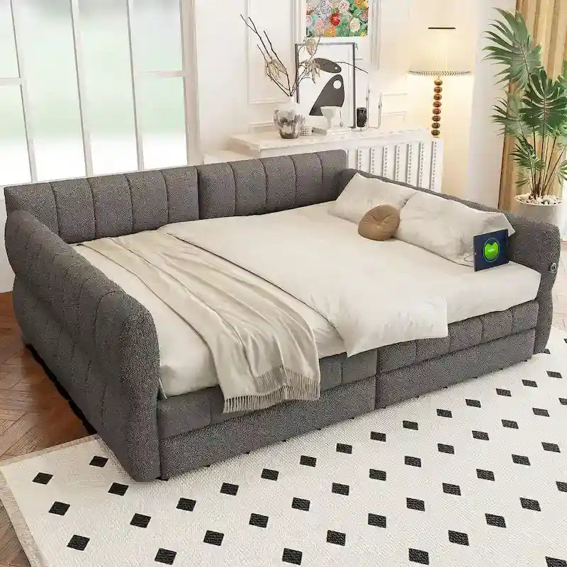 Queen Size Upholstered Platform Bed with USB Port and 2 Drawers, Wood Daybed Frame with Backrest Design, No Box Spring Needed