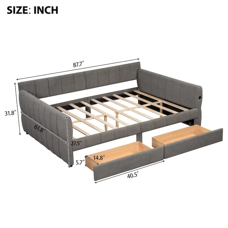 Queen Size Upholstered Platform Bed with USB Port and 2 Drawers, Wood Daybed Frame with Backrest Design, No Box Spring Needed